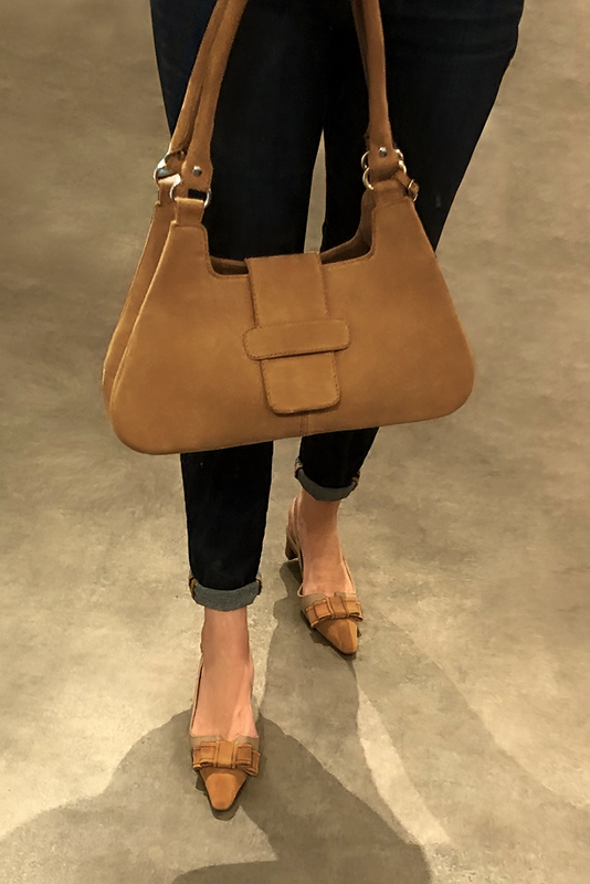 Terracotta orange and tan beige women's open back shoes, with a knot. Tapered toe. Flat block heels. Worn view - Florence KOOIJMAN